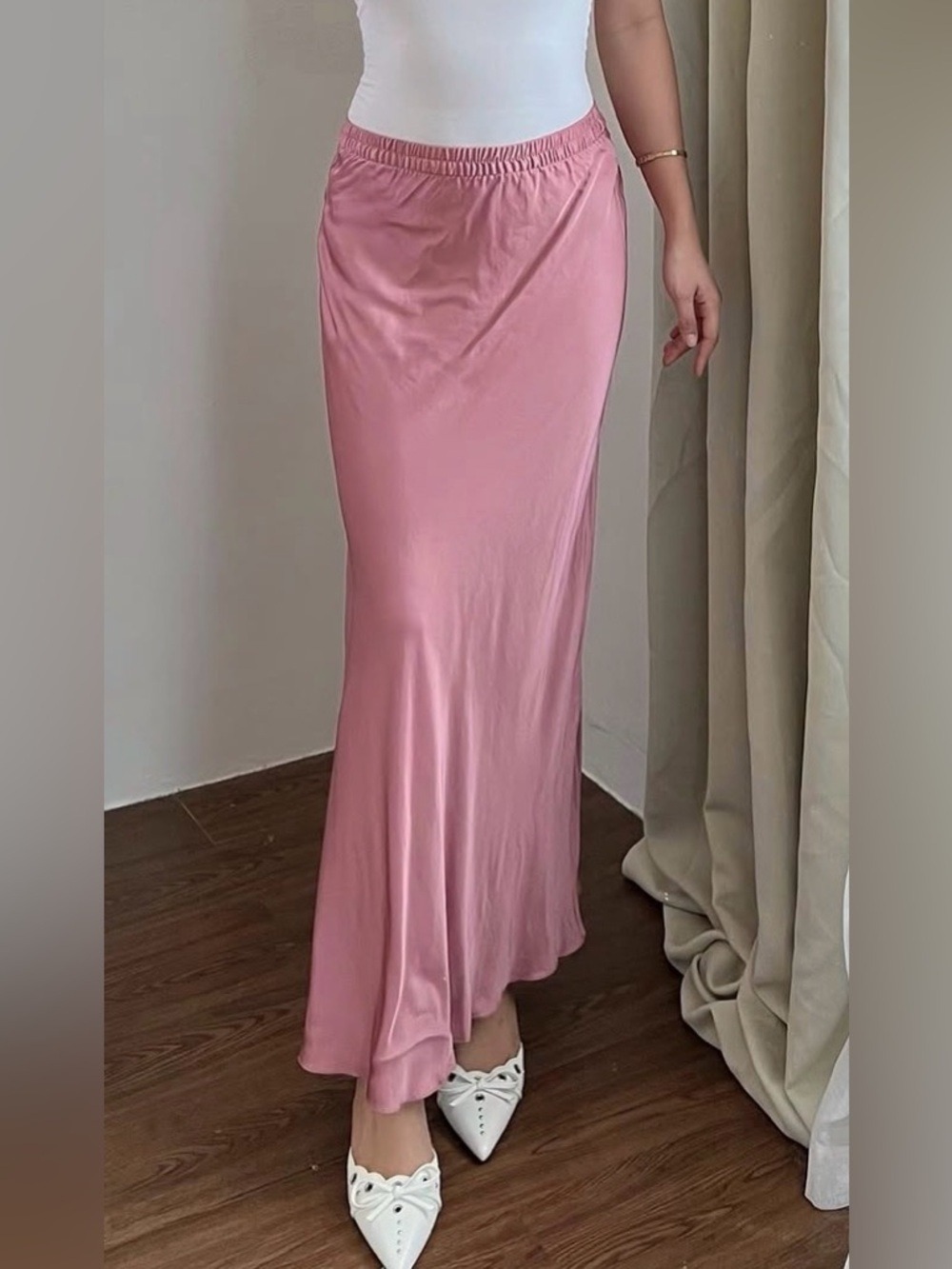 Zara Satin Elastic Waist Flowy Pink Maxi Skirt